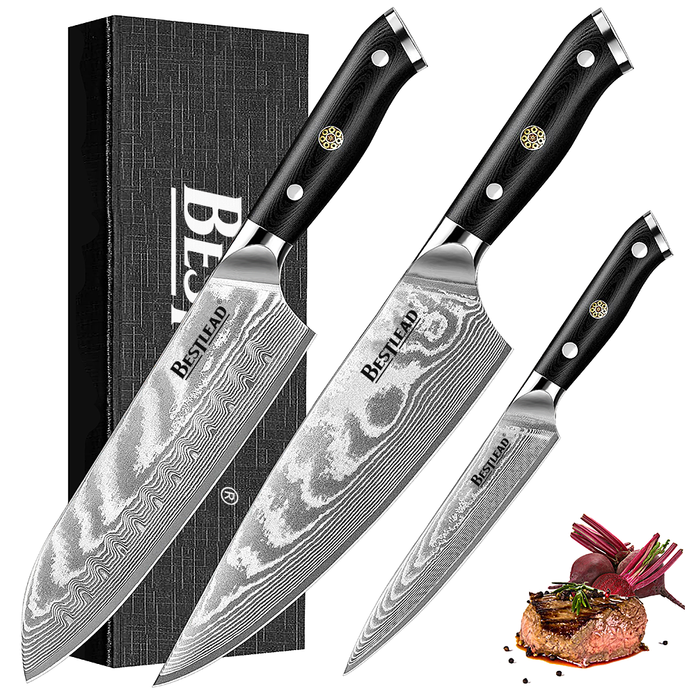HB-37 Damascus Knife Set 3 Piece, Food Safe Japanese Kitchen Knife Set with VG10 Steel Core, Ultra Sharp Professional Chef’s Knife Set with Full G10 Handle, Gift Box