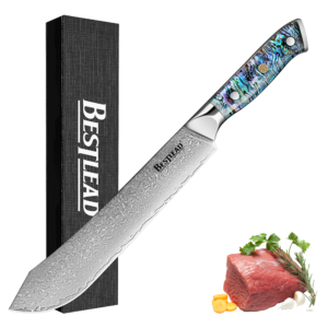 HB-43  BESTLEAD® Damascus Abalone Shell Handle Slaughter Knife - 67 ply Japanese VG10 steel, true deep sea abalone shell handle