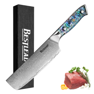 HB-48 BESTLEAD® Damascus Abalone Shell Handle Nakiri knife - 67 layers of Japanese VG10 steel, genuine deep sea abalone shell handle