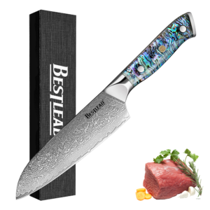 HB-47 BESTLEAD® Damascus Steel Santoku Knife with Deep Sea Abalone Shell Handle - 67 Layer Japanese VG10 Forged Steel Blade with Chamfered Handle