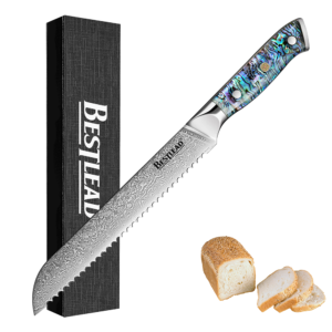HB-45 BESTLEAD® Damascus Steel Bread Knife with Deep Sea Abalone Shell Handle - 67 Layer Japanese VG10 Forged Steel Blade with Beveled Handle