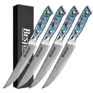HB-49  BESTLEAD® Damascus Steel Utility Knife with Deep Sea Abalone Shell Handle - 67-Layer Japanese VG10 Forged Steel Blade with Chamfered Handle