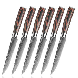 YTB-8  Japanese Style Steak knives laser damascus pattern stainless steel 6pcs set viking luxury steak knife set with pakka wood handle
