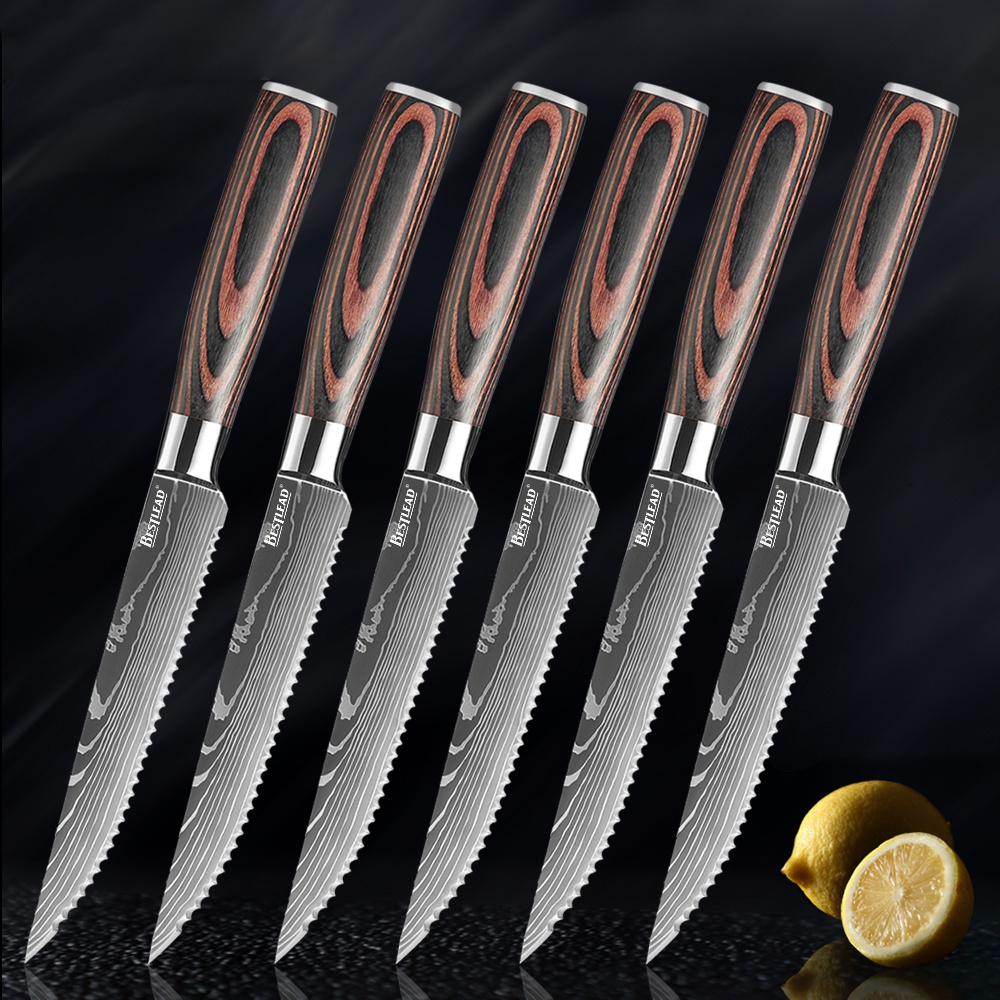 YTB-8  Japanese Style Steak knives laser damascus pattern stainless steel 6pcs set viking luxury steak knife set with pakka wood handle - steak knife - 1