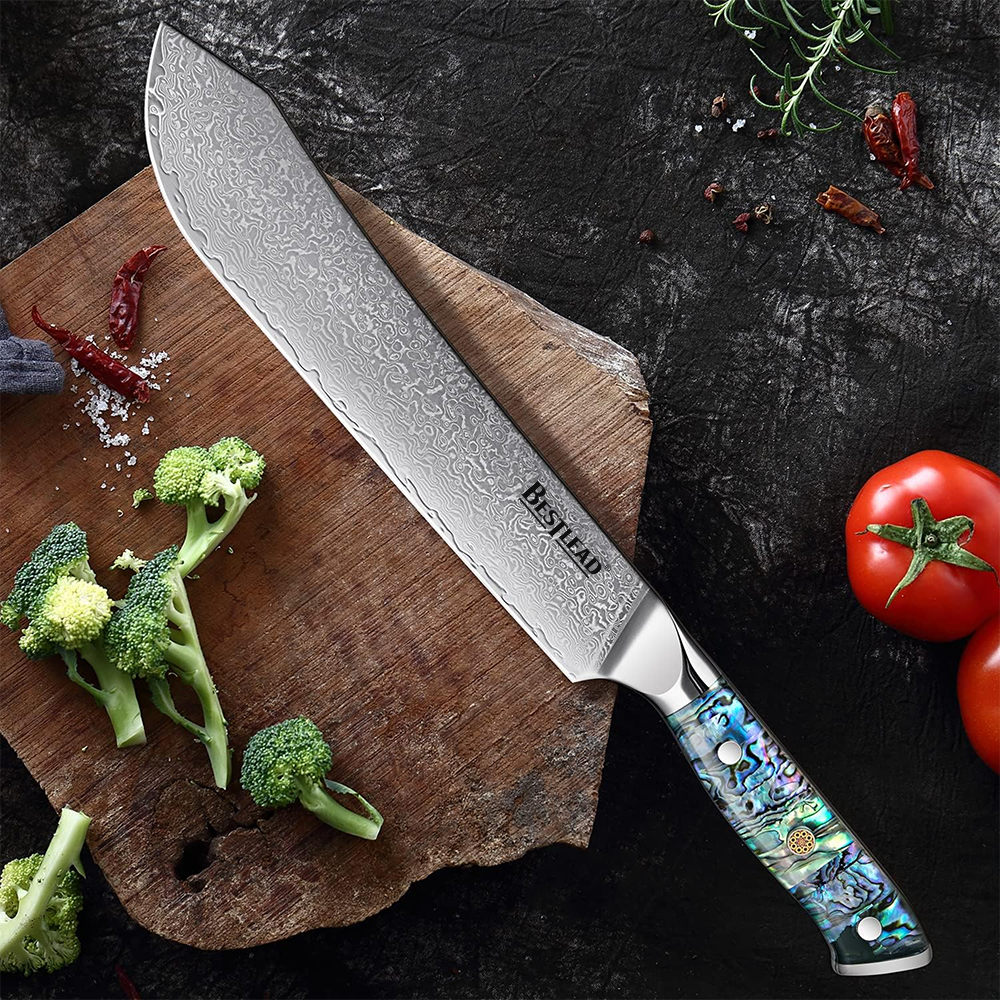 HB-43  BESTLEAD® Damascus Abalone Shell Handle Slaughter Knife - 67 ply Japanese VG10 steel, true deep sea abalone shell handle - Slaughter Knife - 1