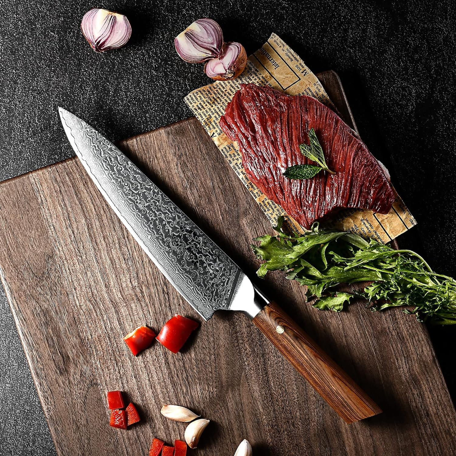 YTB-24  Damascus chef's knife 8-inch sharp kitchen knife VG-10 stainless steel ergonomic wooden handle gift box-with scabbard - Chef's knife - 1