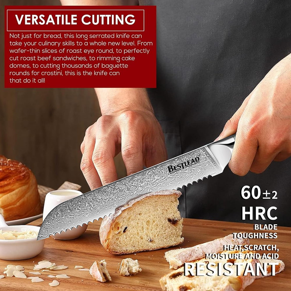 HB-45 BESTLEAD® Damascus Steel Bread Knife with Deep Sea Abalone Shell Handle - 67 Layer Japanese VG10 Forged Steel Blade with Beveled Handle - bread knife - 1