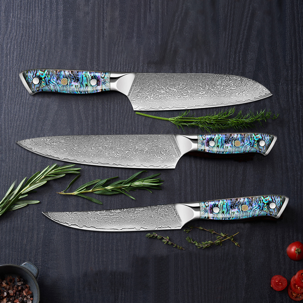 HB-52 Deep Sea Abalone Shell Handle Santoku Knife Chef's Knife Set - 67 Layer Japanese VG10 Forged Steel Blade with Chamfered Handle - Damascus kitchen knife - 1