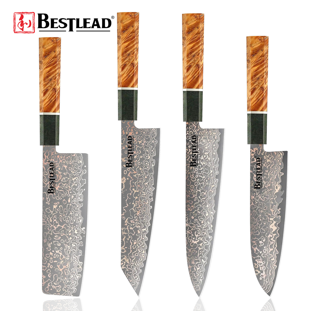 BJB-45-Custom Logo Damascus Steel Knives Set High Carbon Core Tricolour Copper 67Layer Knife Set