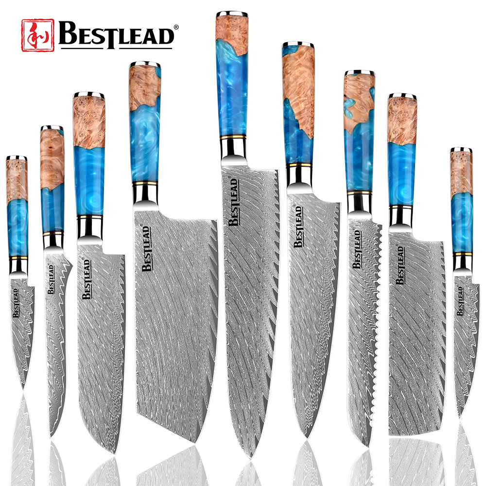 YTB-22-Damascus Pattern Knife Set - Blue Resin Handle Kitchen Knives with Fish Scale Design