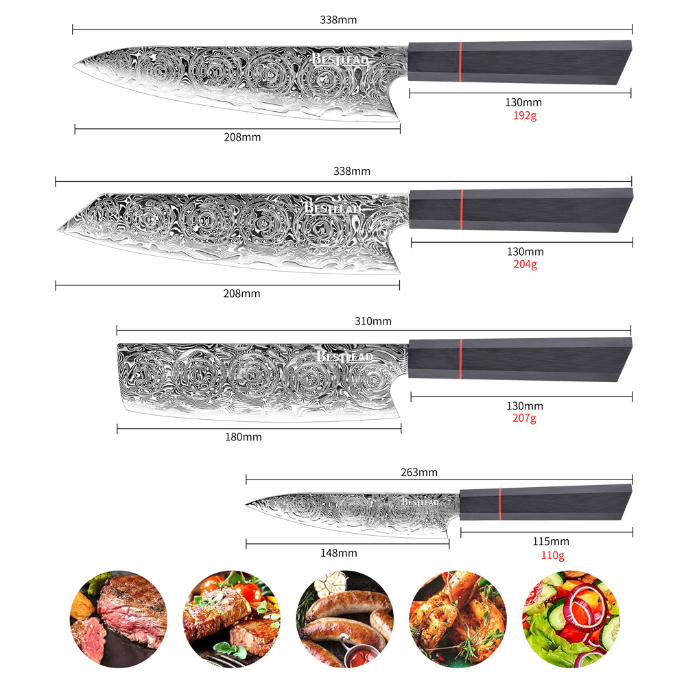 BJB-43-67 Layers Damascus Chef Knife Nakiri Kiritsuke Paring Knife Professional Kitchen Knives with Wood Handle - Knife set - 4