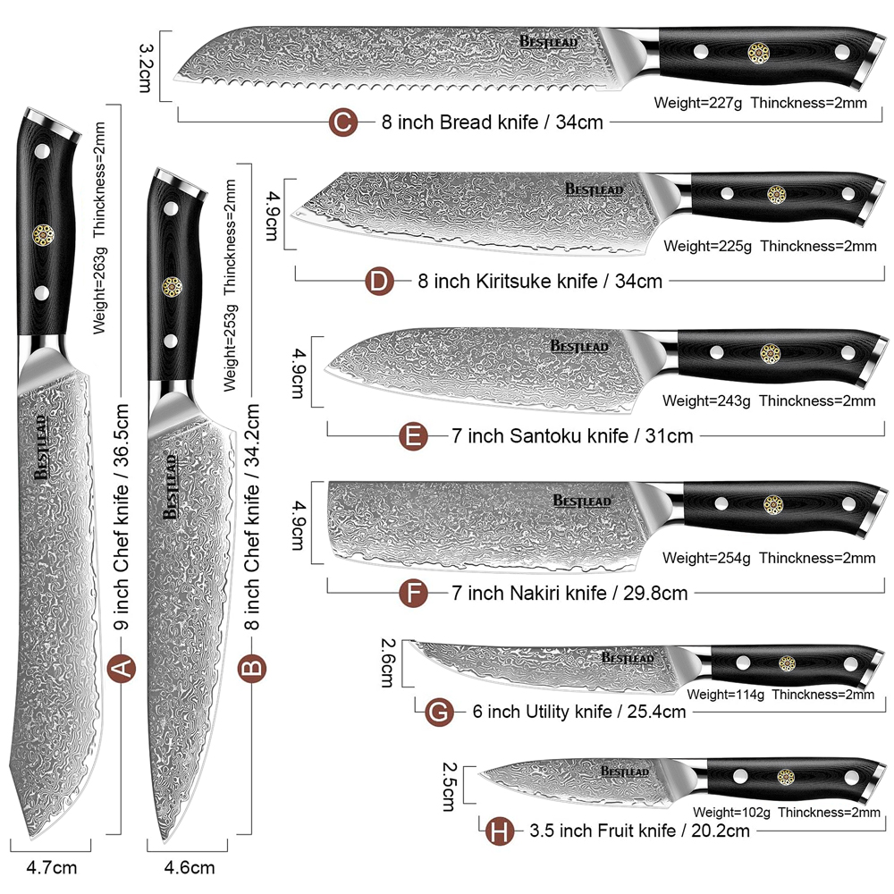 HB-9--8 Piece Damascus Knife Set VG-10 Core Steel with G10 Handle Custom Luxury Kitchen Knives - Knife set - 2