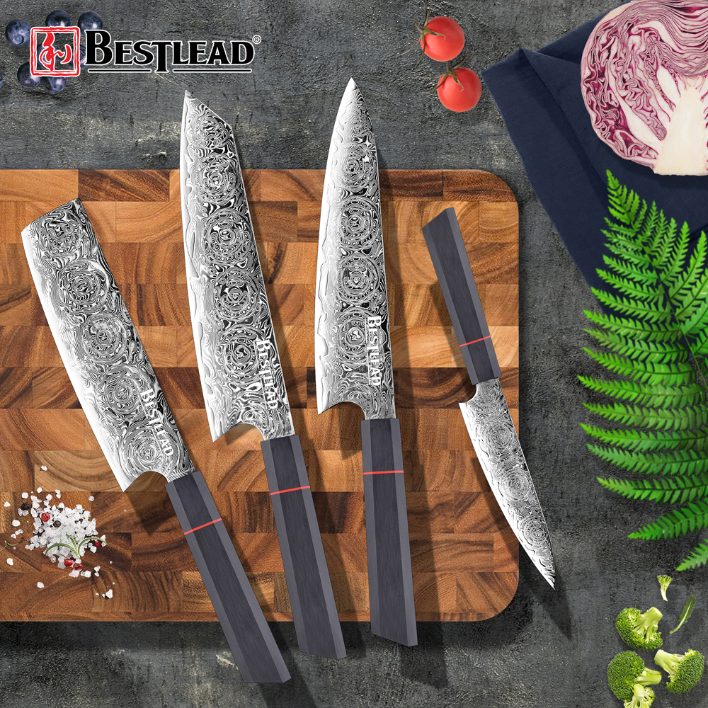 BJB-43-67 Layers Damascus Chef Knife Nakiri Kiritsuke Paring Knife Professional Kitchen Knives with Wood Handle - Knife set - 2